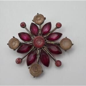 Kenneth Cole Signed Starburst Brooch Cranberry & Blush Rhinestones Silver Tone
